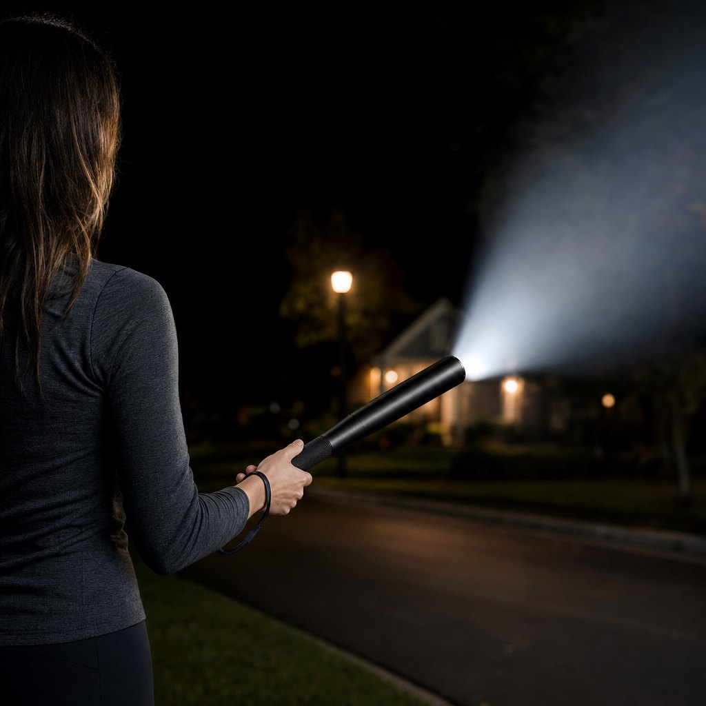 Holding the Safe Steps flashlight at night