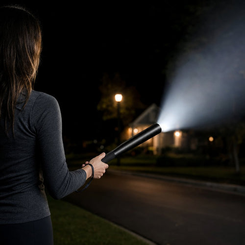 Holding the Safe Steps flashlight at night
