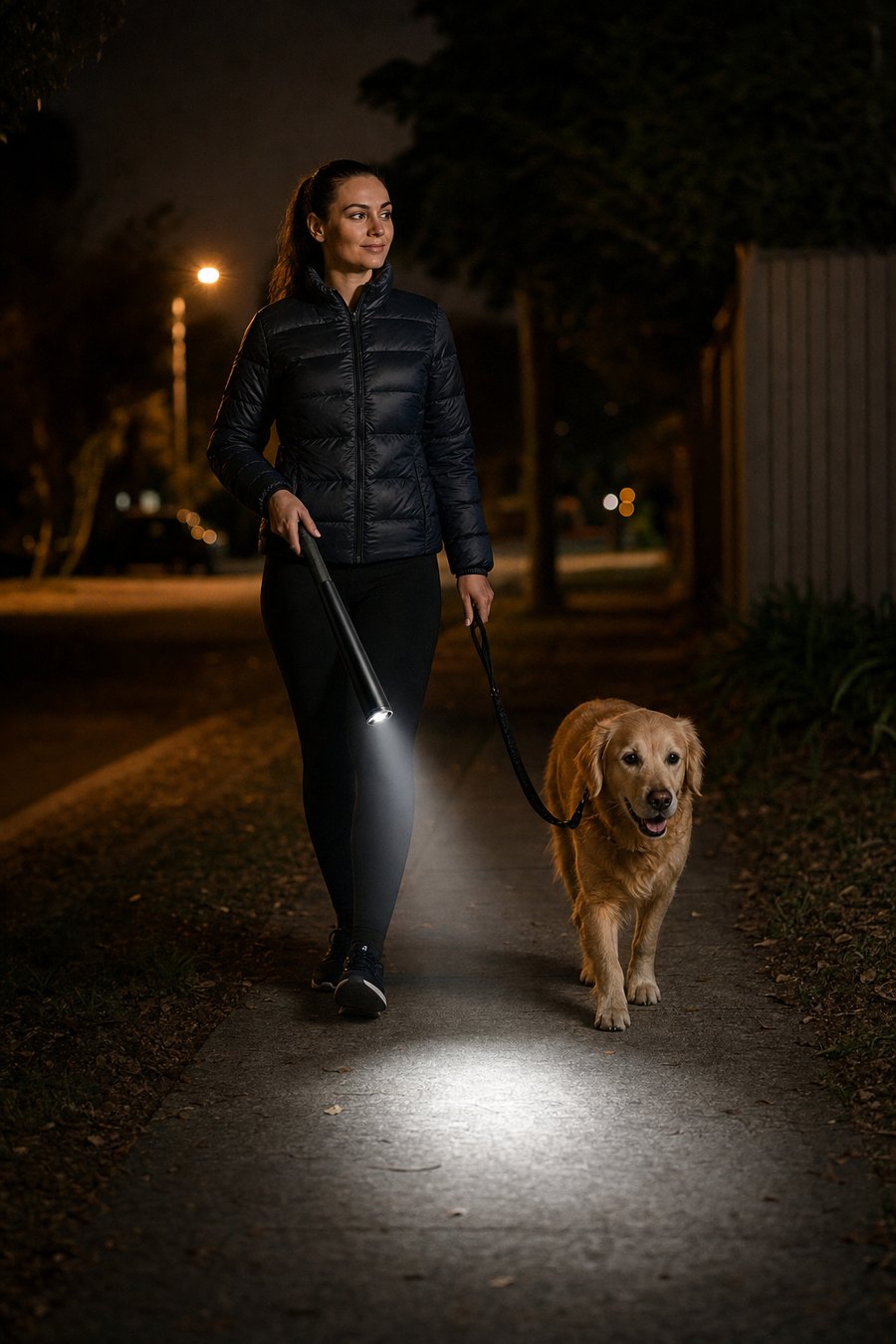 Woman walking her dog at night with the Safe Steps flashlight